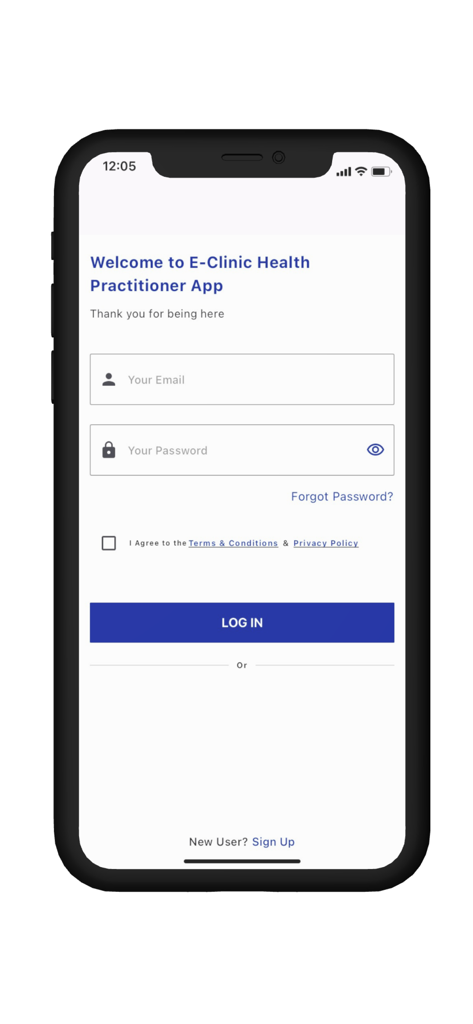 Ganat E-Clinic: Health Workers - Login page for the Ganat E-Clinic Health Practitioner application showing email and password fields