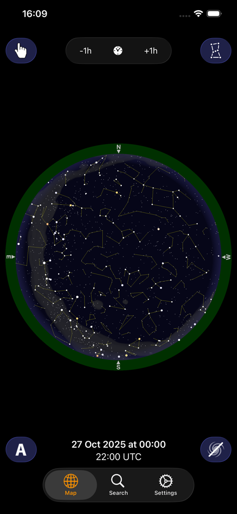 Planisphere - Planisphere app interface showing a circular star map with constellations and celestial bodies