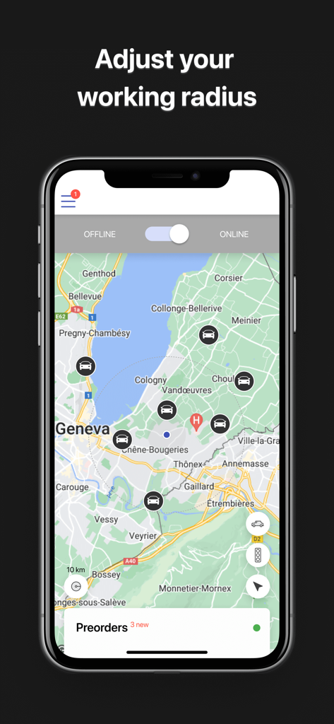 TaxiFy Driver - TaxiFy Driver app interface showing a map of Geneva with car icons and a working radius adjustment feature