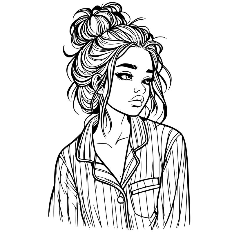 realistic woman with pajamas on and a messy bun