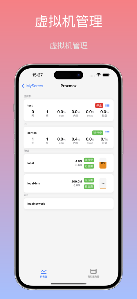 Dashboard di gestione delle macchine virtuali e dei container Proxmox nell'app MyServers-AIO