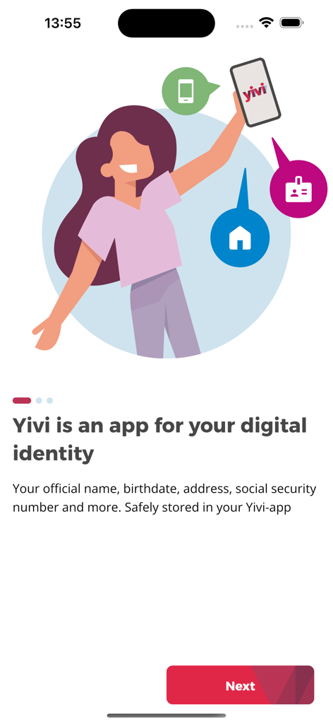 Yivi - An onboarding screen for the Yivi app describing it as a digital identity tool for safely storing personal information like names and addresses.