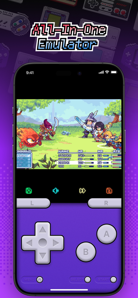 MON - DS GBA SFC Emulator - MON all-in-one retro emulator for iPhone playing a pixel art RPG with a purple handheld skin.
