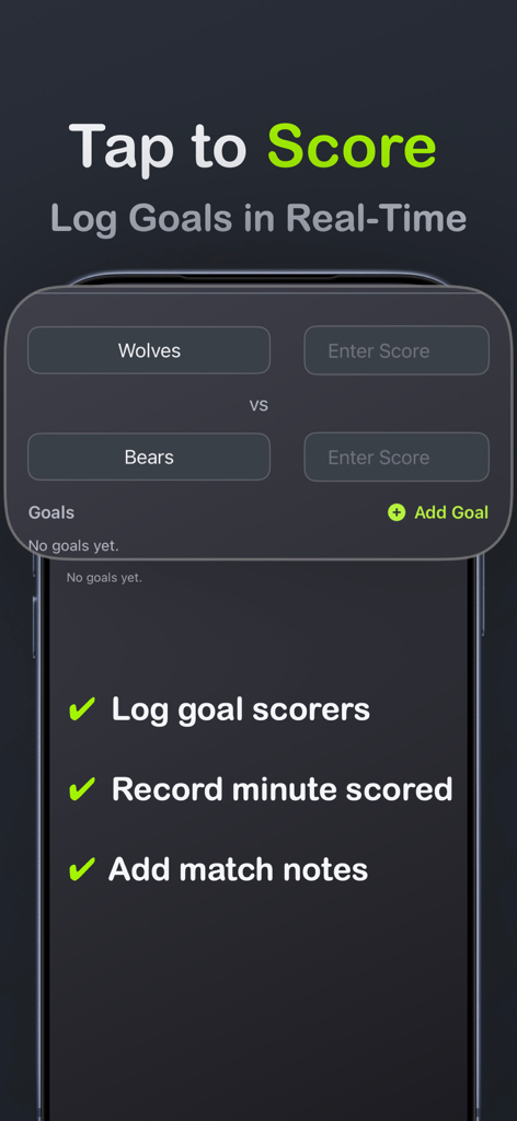 Interfaz de registro de puntuaciones de partidos de torneo con entrada de goles y notas en tiempo real.