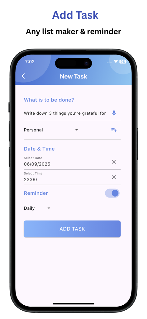 Daily Schedule Planner: Notify - Notify app interface showing the New Task screen for adding a daily schedule item with a reminder.