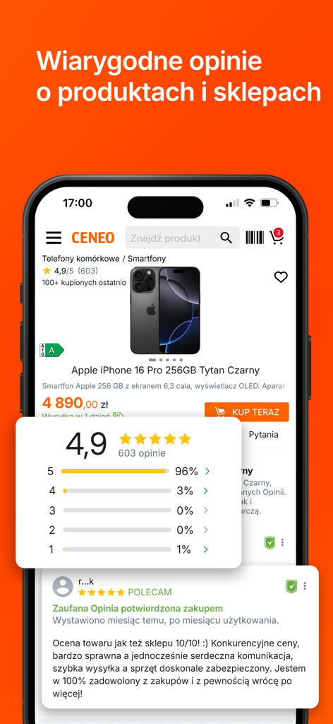 Ceneo: porównywarka cen online - Captura de pantalla de la página de producto de la aplicación Ceneo para un iPhone 16 Pro que muestra reseñas detalladas de clientes y desglose de calificaciones