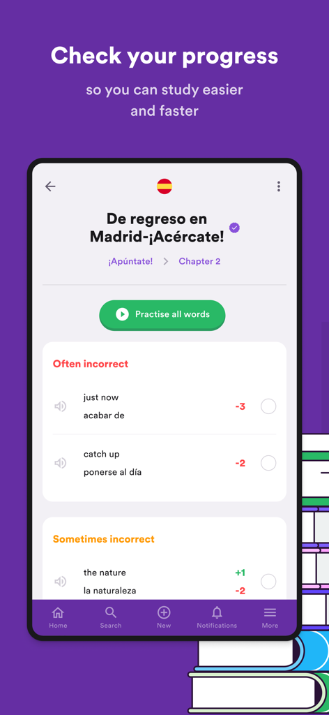 StudyGo app screen showing progress tracking for Spanish vocabulary with categories for often and sometimes incorrect words.