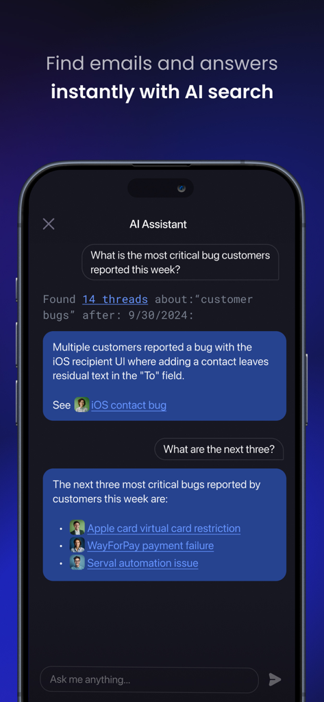Shortwave - AI Email - Shortwave AI Assistant answering a question about recent customer bug reports within the email app.