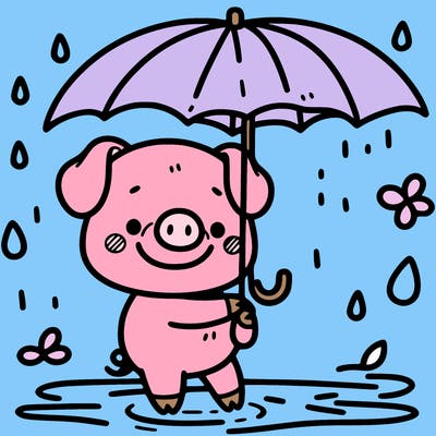 a pig holding an umbrella in the rain