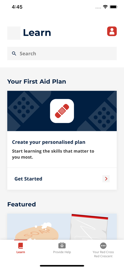 First Aid - IFRC - The learn screen of the IFRC first aid app showing a personalized first aid plan section.