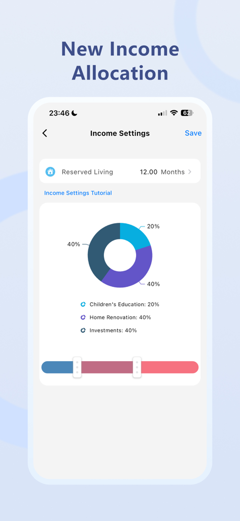 Snowball Portfolio - Snowball Portfolio app interface showing income allocation settings with a donut chart for financial goals.