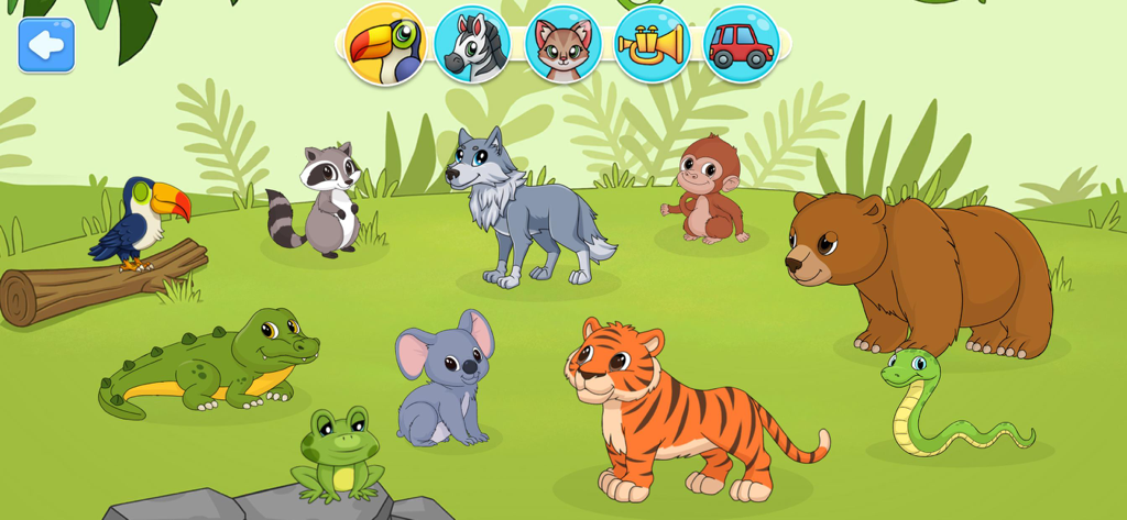 Baby Piano, Drums, Xylo & more - Educational app screen for toddlers featuring various cartoon animals in a green field to learn nature sounds