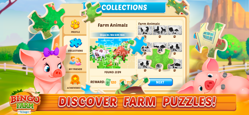 Bingo Farm Ways - Bingo Games - Bingo Farm Ways game screen featuring farm animal jigsaw puzzles and cute cartoon pigs.