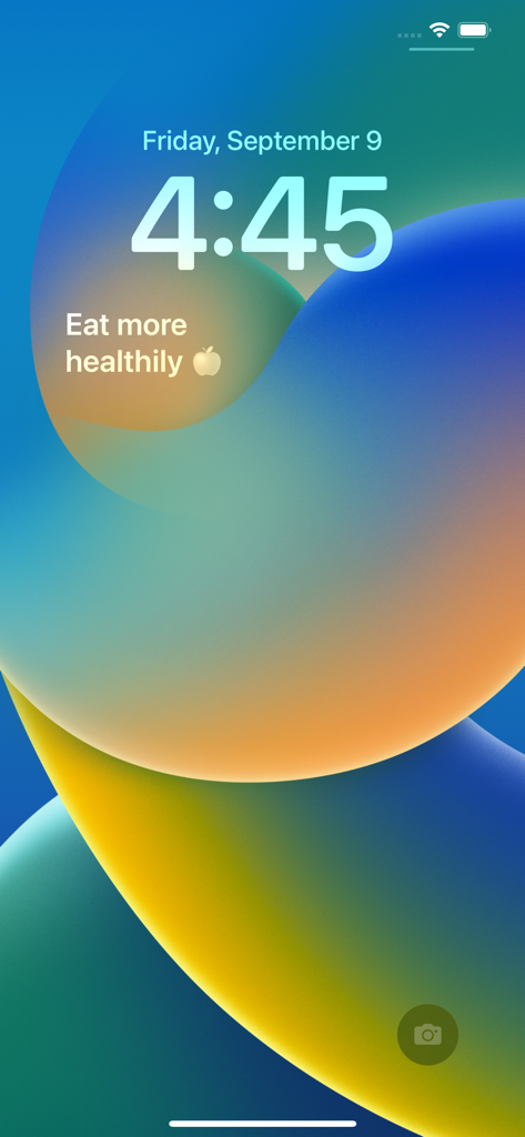 Any Text · Widgets - An iPhone lock screen displaying a custom text widget that says Eat more healthily with an apple emoji
