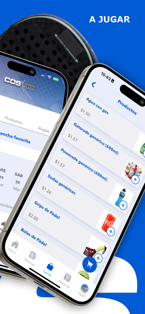 COS Sports Plaza - Pantalla de la tienda de aplicaciones de COS Sports Plaza mostrando bebidas deportivas y accesorios de pádel a la venta.