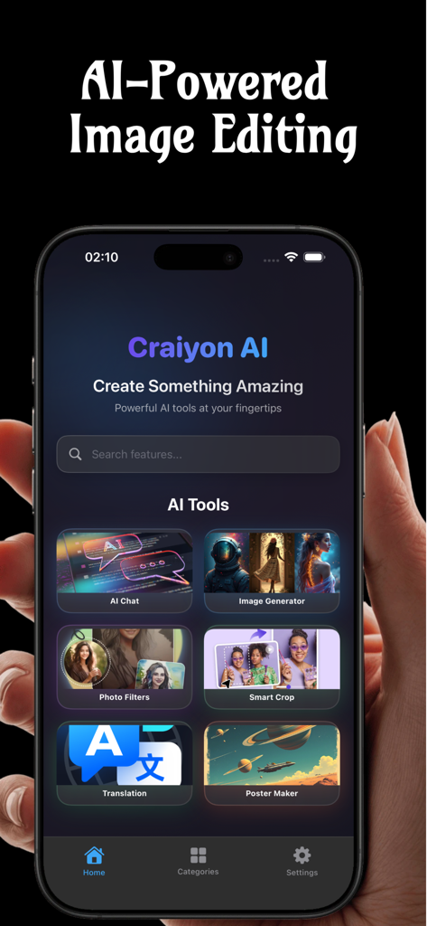 Craiyon AI Mobile - Interface of Craiyon AI Mobile showcasing six integrated AI tools for digital content creation