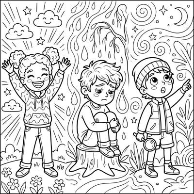 Dive into a world of feelings with this engaging coloring page featuring children expressing joy, sadness, and wonder. It's a perfect artistic adventure to help young colorists explore and understand different emotions.