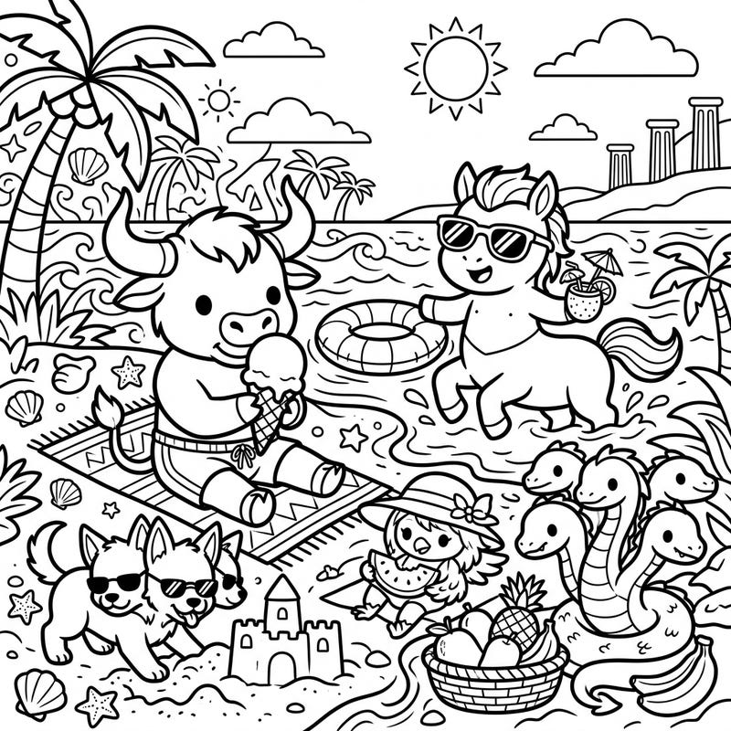 Get ready for an epic summer coloring adventure featuring your favorite mythical creatures enjoying a sunny day at the beach. This delightful page brings together legendary beasts like the Minotaur, Centaur, Cerberus, and Hydra for endless creative fun.