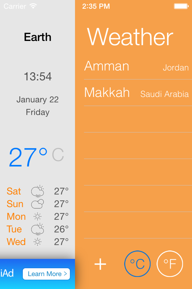 Interfaccia dell'app meteo che mostra un elenco di città e previsioni settimanali con temperature in Celsius