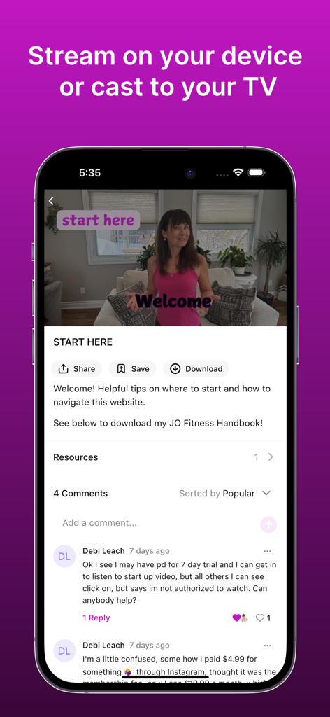 Janet Osborne Fitness app interface showing the start here welcome video and user community comments