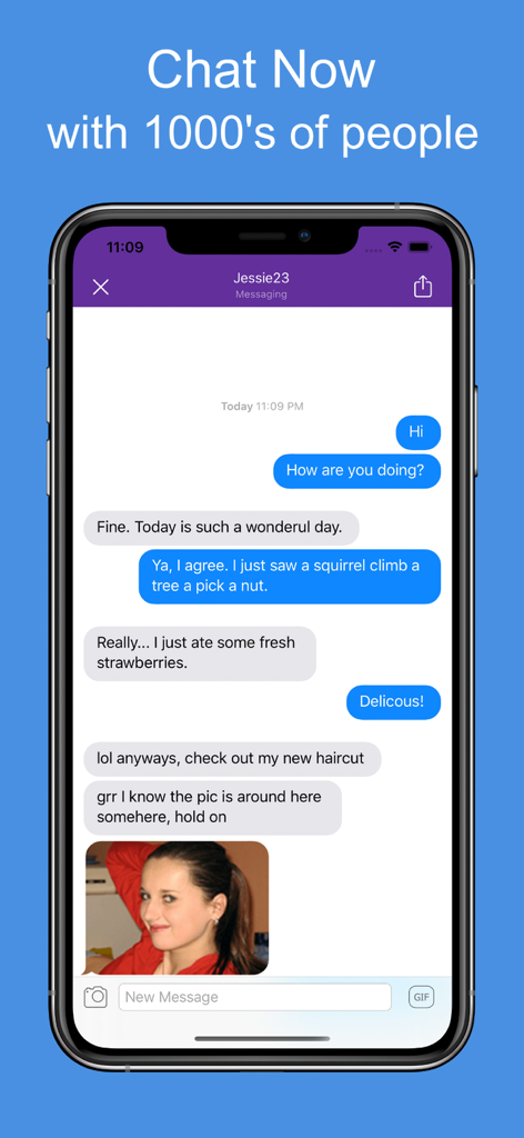 Vibe Chat: Video Chat Live - Vibe Chat Mobile App-Oberfläche, die ein Textgespräch und ein geteiltes Foto anzeigt