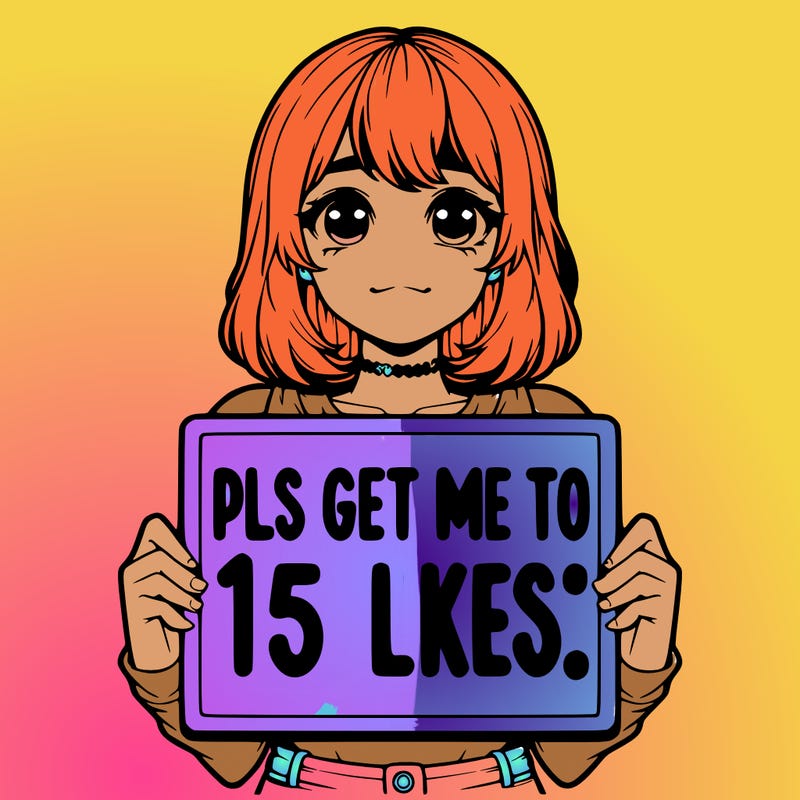 realistic girl holding up a sign that says “pls get me to 15 likes!”