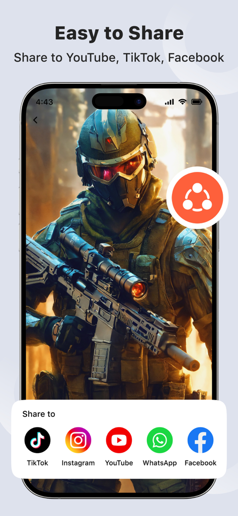 Screen Recorder - Recorder - Interface showing options to share recorded videos directly to TikTok Instagram YouTube WhatsApp and Facebook