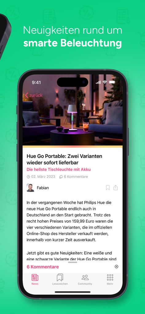 Hueblog - Hueblog app displaying a news article about Philips Hue smart lighting products