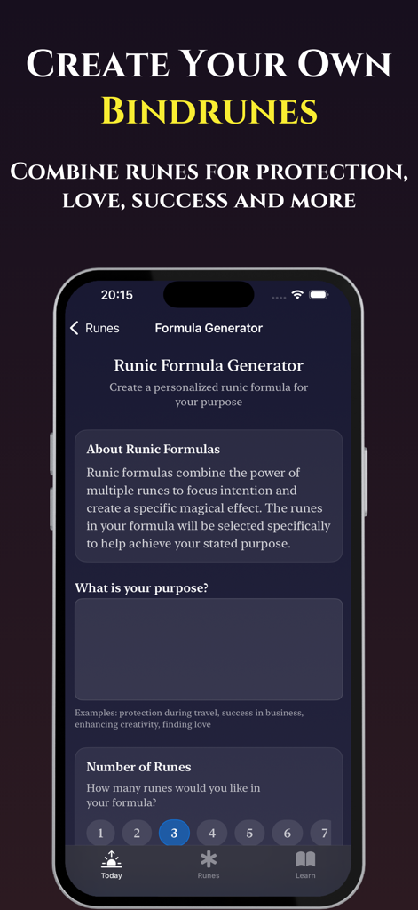 Norse Runes & Runic Formulas - Mobile app screen showing the Runic Formula Generator for creating custom Norse bindrunes for protection and love.
