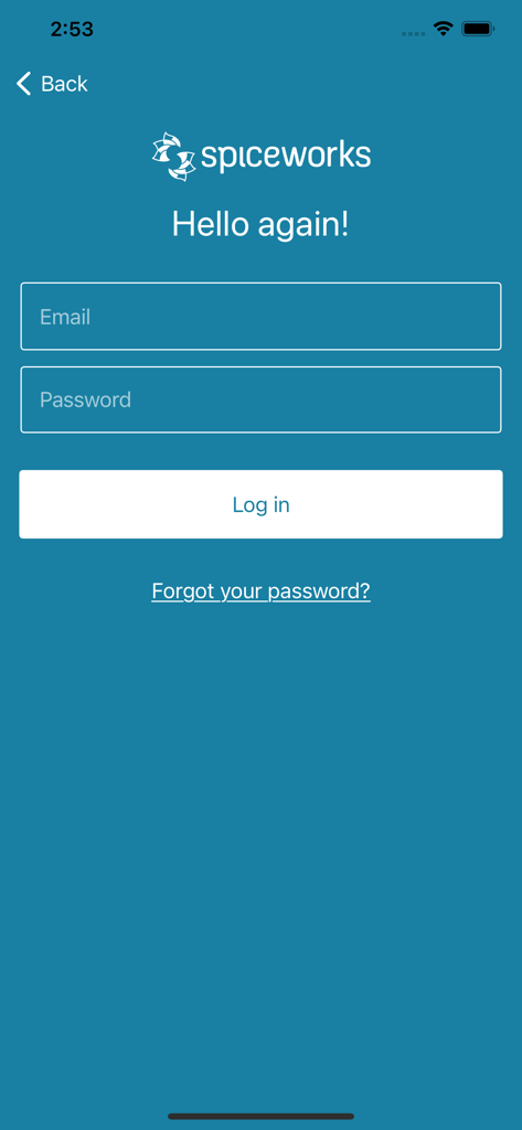 Pantalla de inicio de sesión para la aplicación Spiceworks Help Desk con campos para correo electrónico y contraseña.