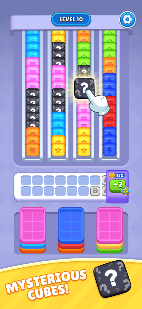 Sorting Cube Jam - Juego de Sorting Cube Jam mostrando cubos misteriosos con signos de interrogación en cintas transportadoras.