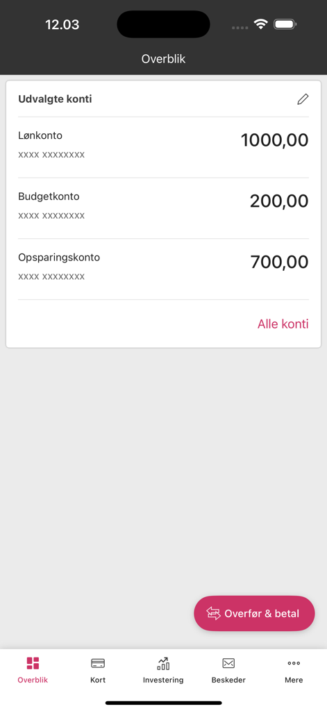 Merkur Privat - Merkur Privat Mobile App Dashboard mit einer Liste von Bankkonten, einschließlich Gehaltsbudget und Ersparnissen