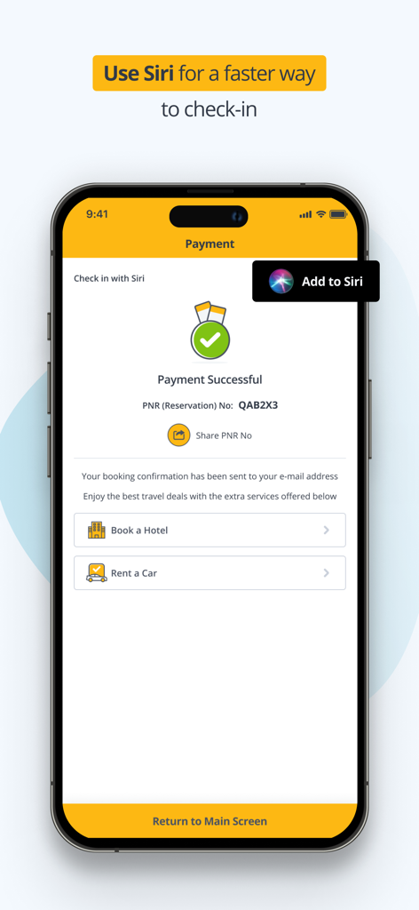 Pegasus Flug-App zeigt einen erfolgreichen Zahlungsbildschirm mit Reservierungsnummer und Siri-Check-in-Option.