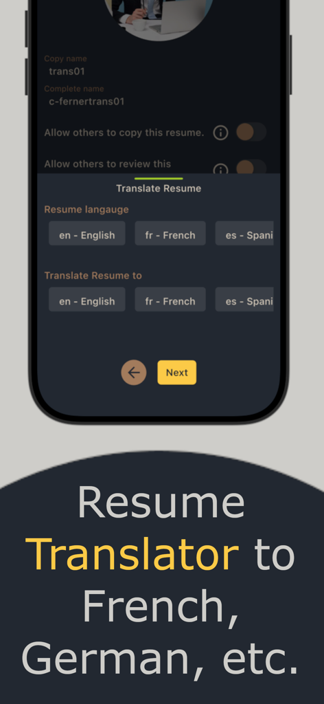 AI Resume Writer Genius: Resji - La aplicación AI Resume Writer Resji muestra la función de traductor de currículum a varios idiomas.