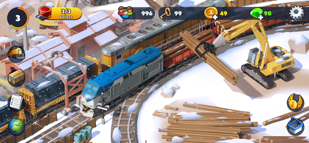 Gameplay screenshot of Train Station 2 showing a blue train and logs being loaded by a crane in a snowy environment.
