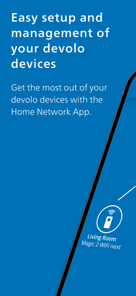 Home Network - A promotional screen for the devolo Home Network app highlighting easy setup and management of home Wi-Fi devices.