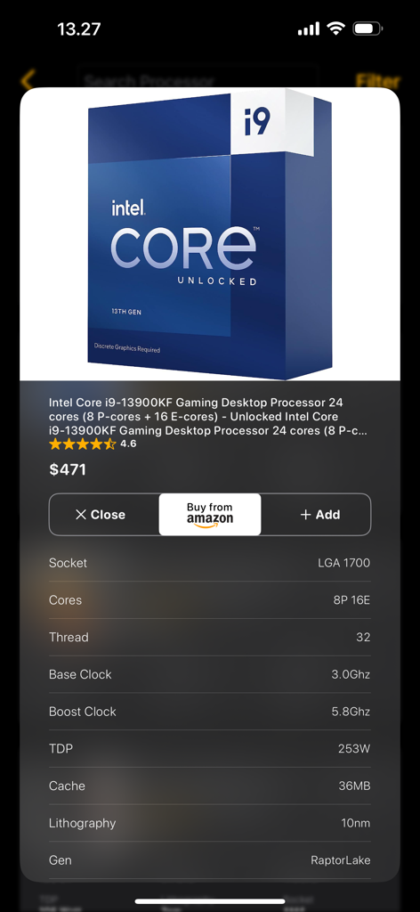 PC Builder: Part picker - Specifiche dettagliate per il processore Intel Core i9 13900KF nell'app PC Builder