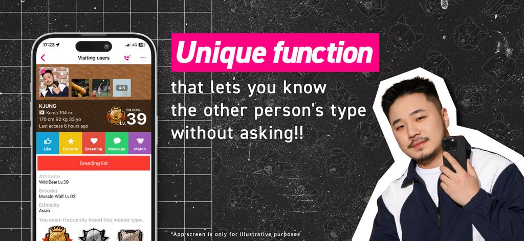 Gay 9monsters ゲイアプリfor Gay - 9monsters 게이 소셜 앱 프로모션으로, 묻지 않고 사용자의 타입을 식별하는 독특한 기능 표시