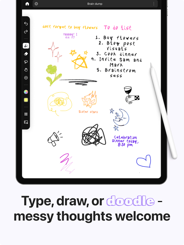 Inky Notes: Good Note taker - Pantalla de iPad que muestra garabatos digitales coloridos y una lista de tareas escrita a mano