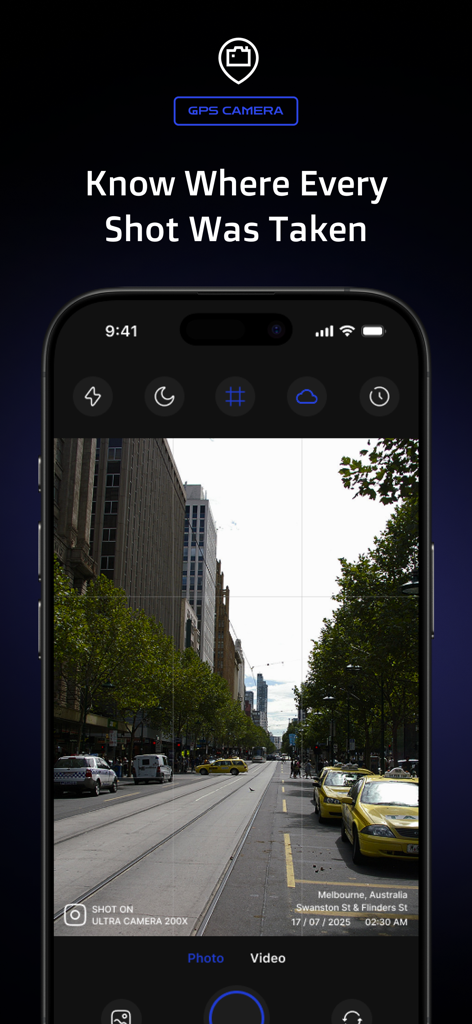 Ultra Camera 200x - Super Zoom - Smartphone screen showing a GPS camera feature with location metadata overlaid on a photo of a city street with taxis.