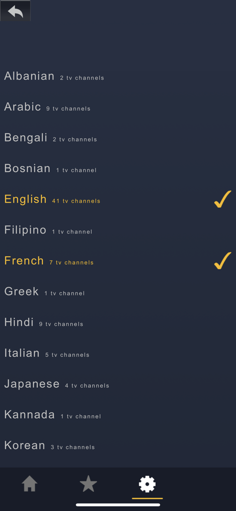 A list of global TV channels categorized by language in the Pick TV app