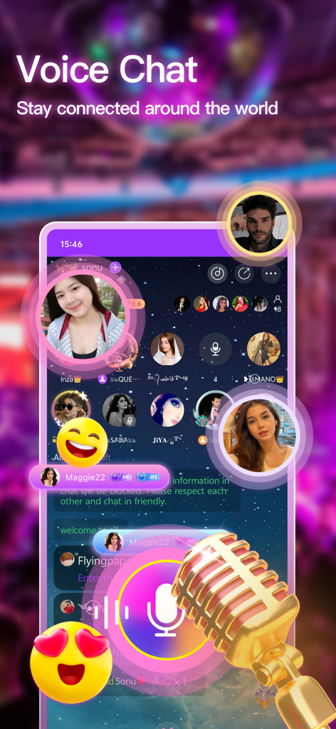 SeaU Chat - SeaU Chat mobile app interface showing a group voice chat room with user avatars and interactive emojis