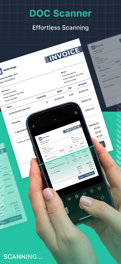 Doc Scanner : PDF Maker - Una mano sosteniendo un smartphone para escanear una factura en papel usando la interfaz de la aplicación Doc Scanner.