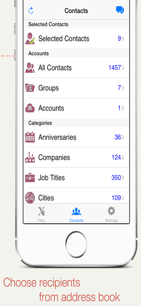 Seleccionando destinatarios de la libreta de direcciones del iPhone por grupos y categorías en la aplicación SA Group Text.