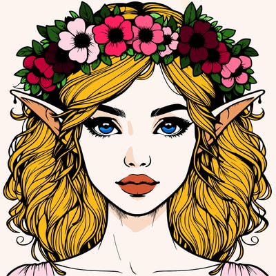 realistic female elf with flower crown
