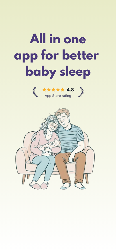 Sonito: Baby Sleep Tracker - Ilustração de pais cansados segurando um bebê dormindo com o texto "Tudo em um aplicativo para melhor sono do bebê"