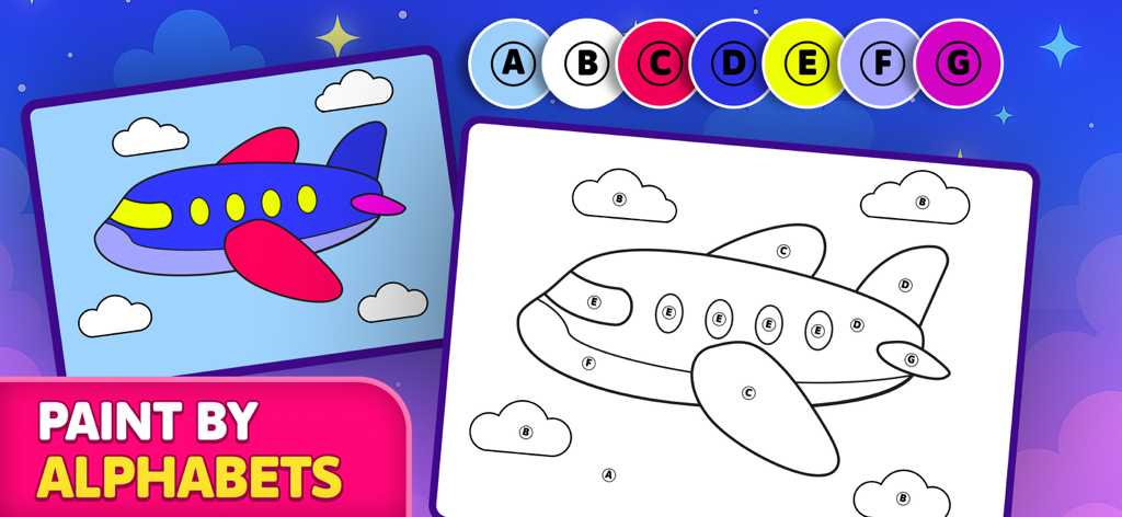 Kids Drawing Games: Color,Draw - Educational screen showing a paint by alphabets activity with an airplane for kids