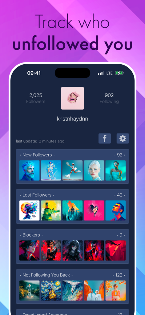 Panel de la app xView mostrando análisis de redes sociales para seguidores, no seguidores y bloqueadores