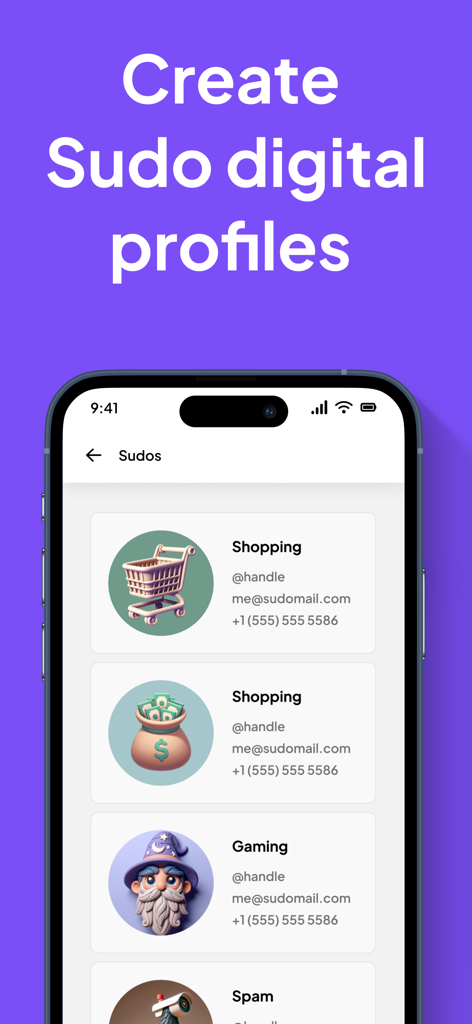 Interface of the MySudo app showing different digital profiles for shopping, gaming, and spam