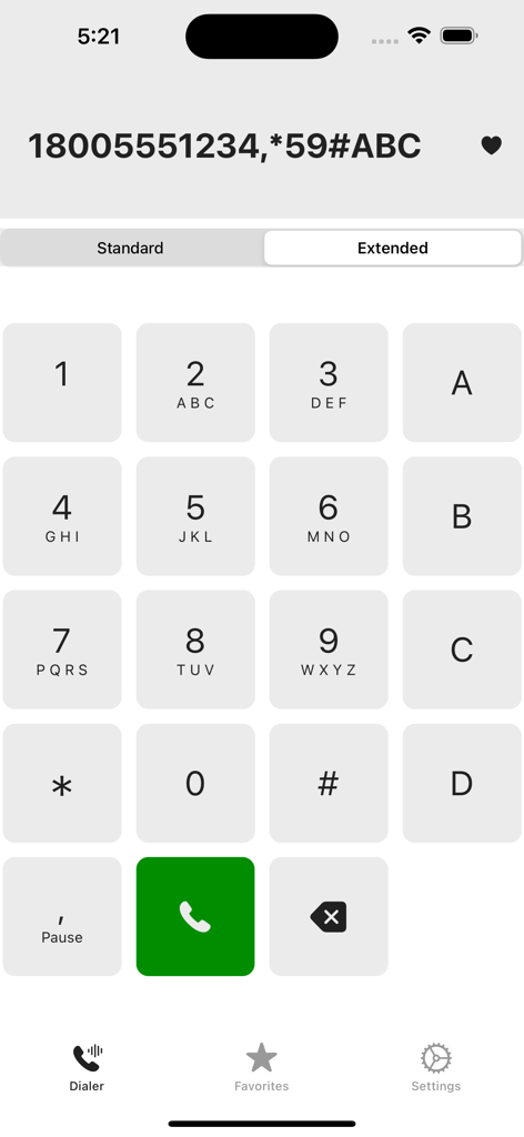 Dialer - Interfaz de la aplicación Marcador que muestra un teclado numérico con tonos DTMF extendidos A B C D y una secuencia con una pausa.